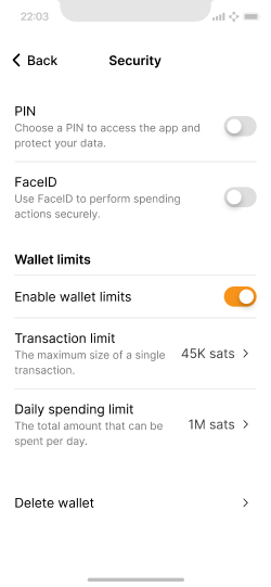 Mobile screen with PIN, FaceID, wallet deletion and wallet limit options